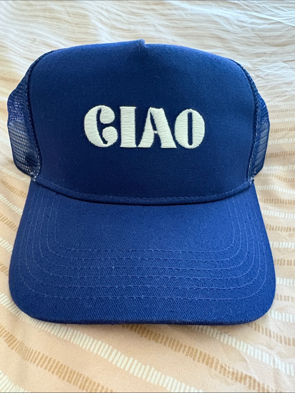Princess Polly Ciao Embroidered Trucker Hat - Blue & White